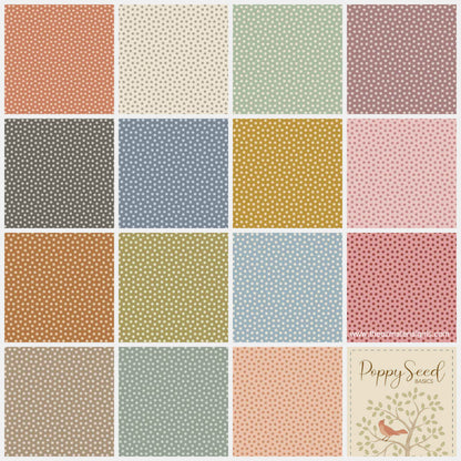 Assorted 5-inch cotton squares with dot and solid patterns in terracotta, green, blue, pink