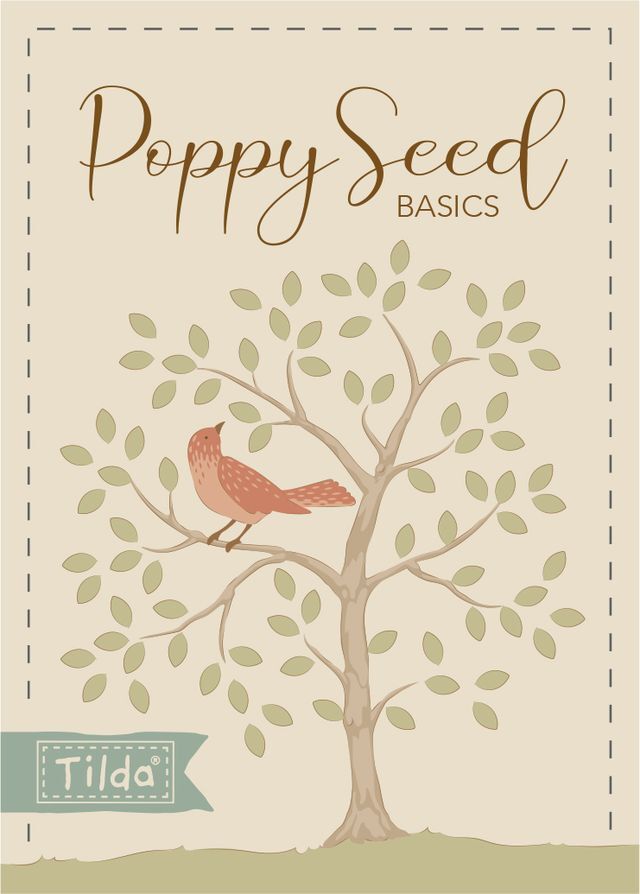 5-inch square fabric panel with cream tree and bird print, leafy branches and dashed border