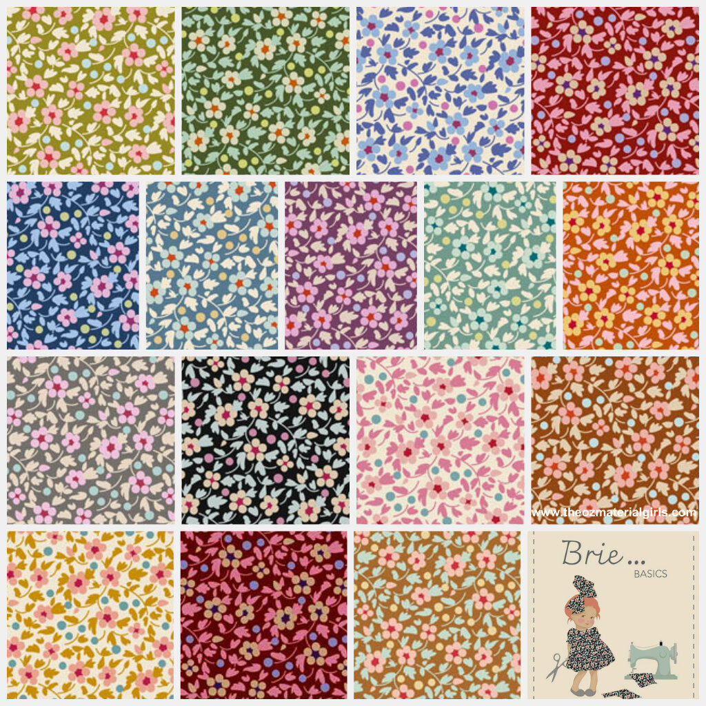 Assorted floral fabric squares in a 5 in charm pack, various blue, red, and brown prints