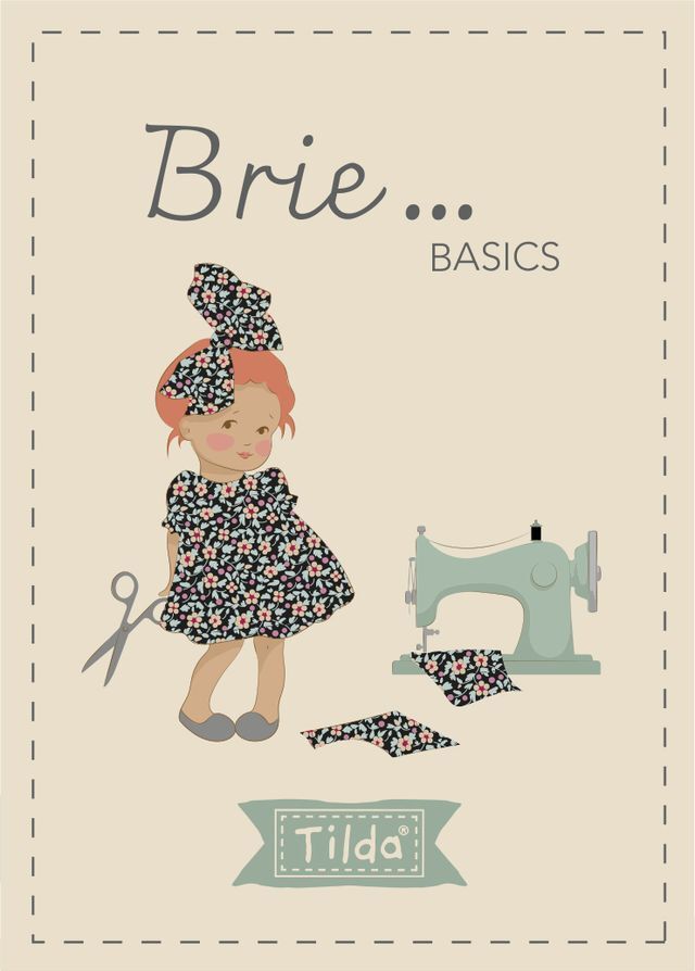 Brie Basics fabric label with Tilda girl illustration and sewing machine graphic