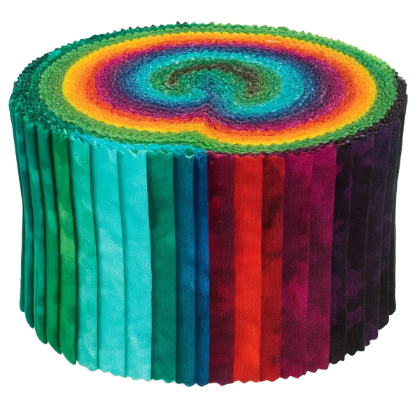 Rainbow mottled jelly roll bundle with 2.5in fabric strips, spiral rainbow top