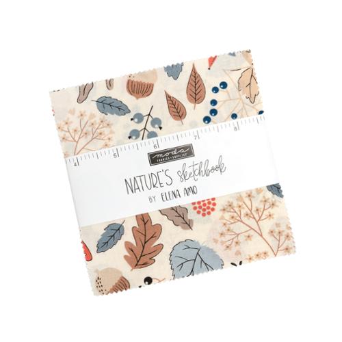 Nature-themed 5" fabric charm pack with beige leaf and berry prints, 5" squares
