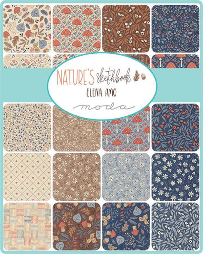 Assorted 2.5-inch fabric charm squares with nature prints in beige, blue, brown, and red