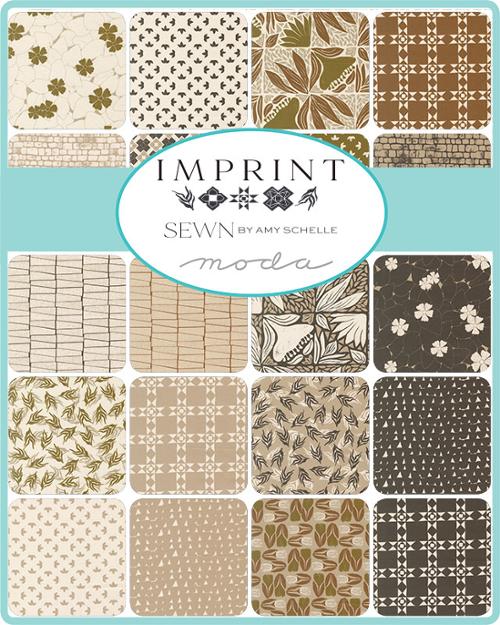 Collection of fabric swatches with 'Imprint Sewn by Amy Schelle Moda' branding.