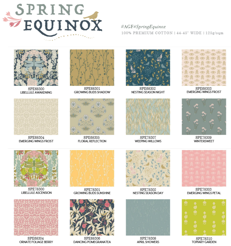 Grid of Spring Equinox fabric swatches with multiple floral and leaf prints