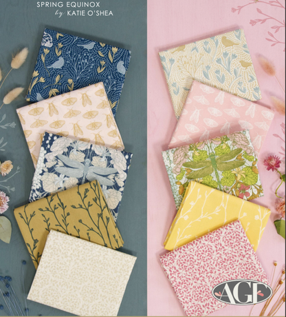 Set of folded 10" fabric squares with botanical prints, shown in blue and pink