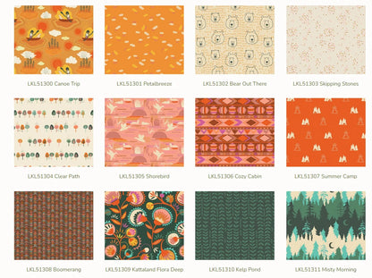 Fat quarter bundle of 12 patterned fabrics in orange/teal with lake and woodland motifs