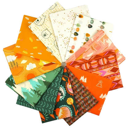 Fat quarter bundle of 12 colorful fat quarters with woodland, geometric, and zigzag motifs
