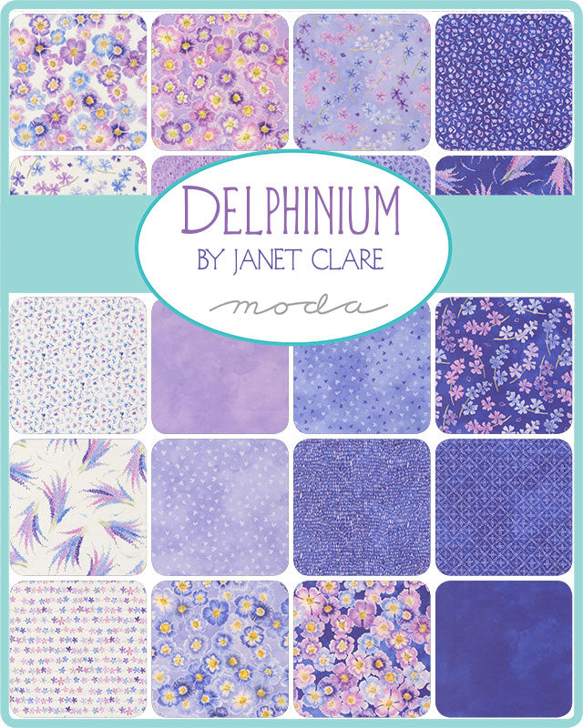 Collection of purple fabric swatches with 'Delphinium by Janet Clare' branding on a teal background.