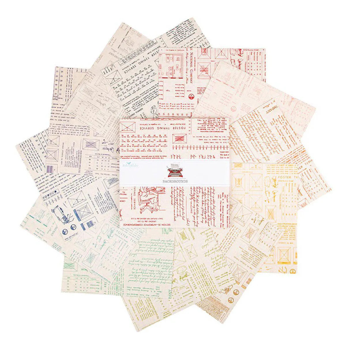 Collection of vintage-style fabrics  with text and graphics on a white background