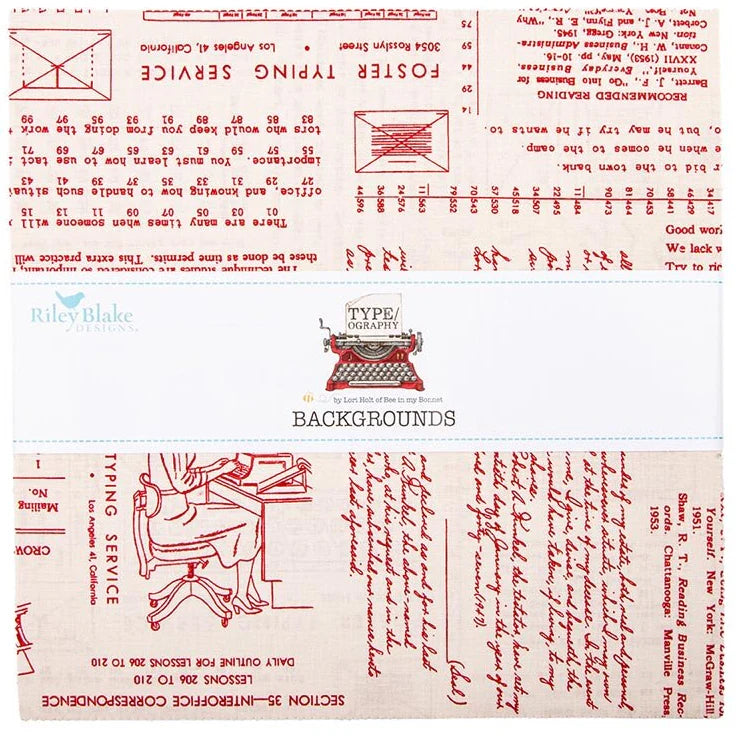 Fabric Stacker with ypewriter and text patterns, featuring the brand 'Riley Blake'.