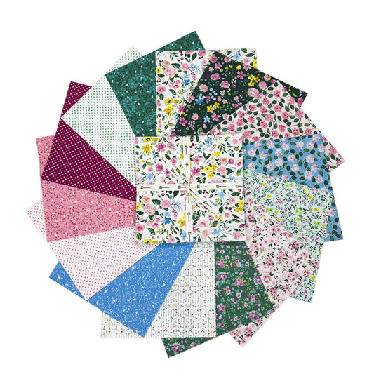 Assorted 10-inch patchwork fabric squares, floral and solid teal, pink, blue, and burgundy