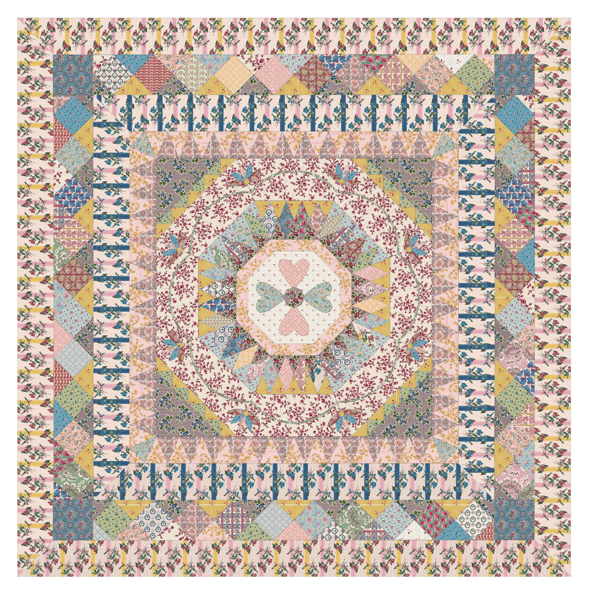 Patchwork quilt top with floral medallion and border, in pastel blues, pinks, and creams.