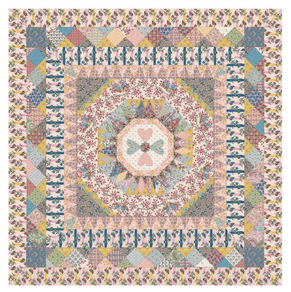 Patchwork quilt top with floral medallion and border, in pastel blues, pinks, and creams.