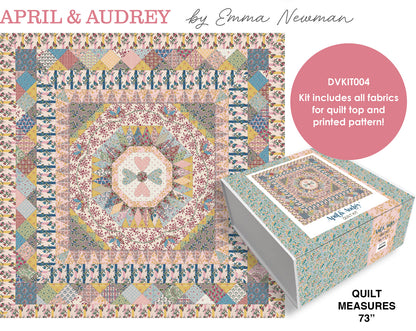 Quilt kit box with finished quilt design; includes fabric for top and printed pattern.