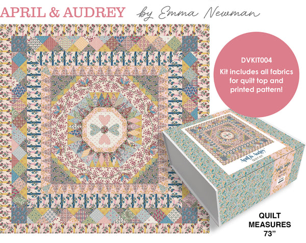 Quilt kit box with finished quilt design; includes fabric for top and printed pattern.