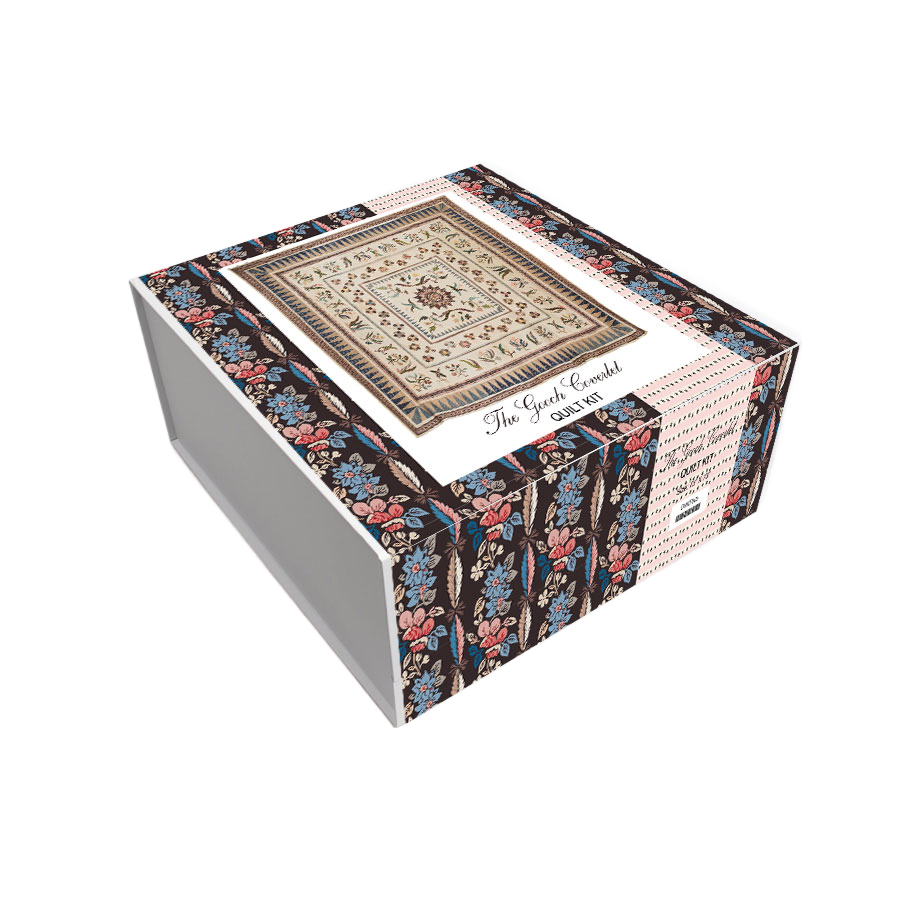 Quilt coverlet kit box with colorful floral border pattern and fabric cover image