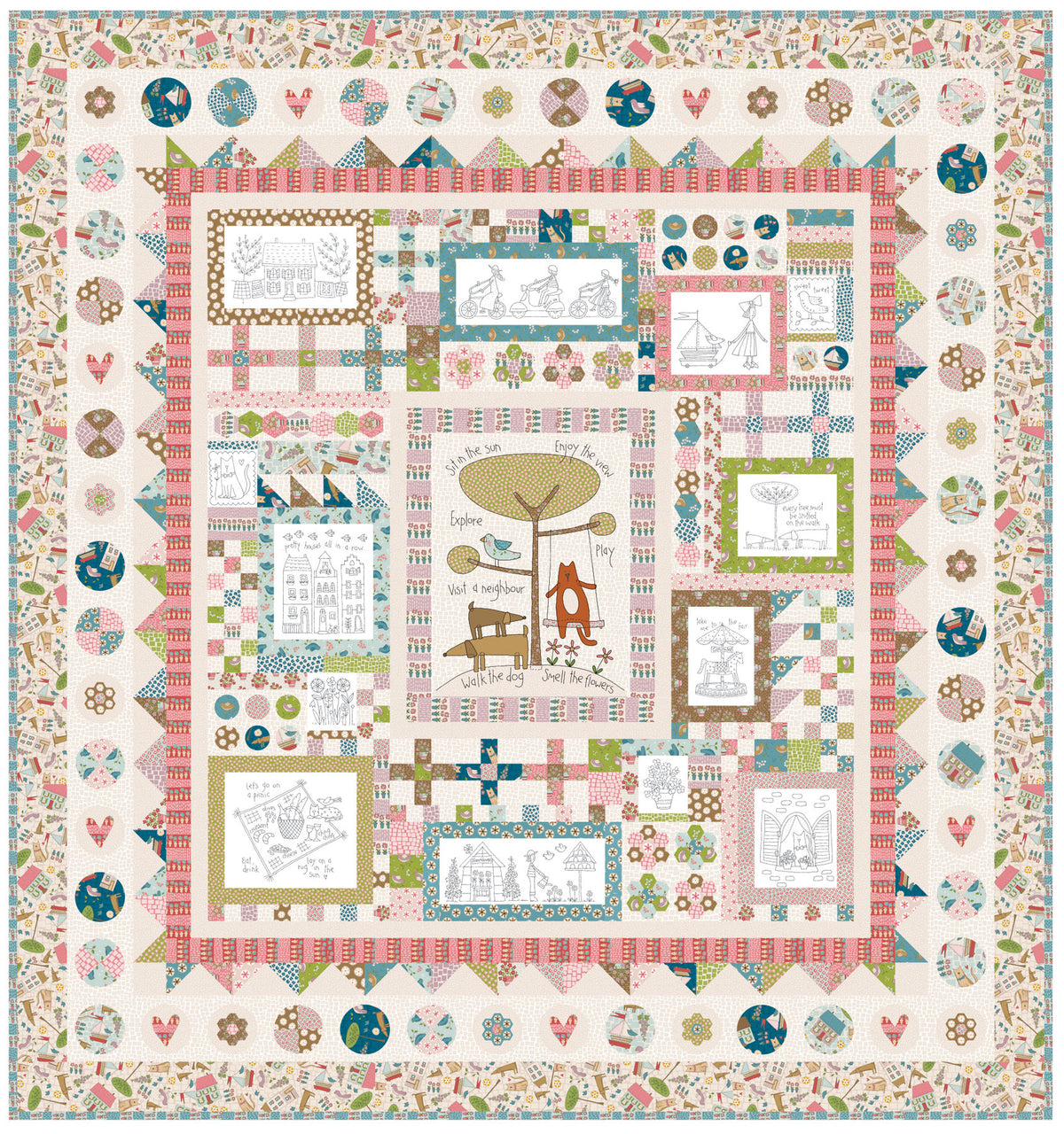 Patchwork quilt design on quilt kit fabric, featuring framed rectangles and birds