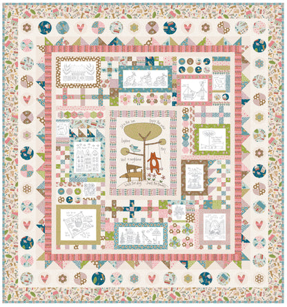 Patchwork quilt design on quilt kit fabric, featuring framed rectangles and birds
