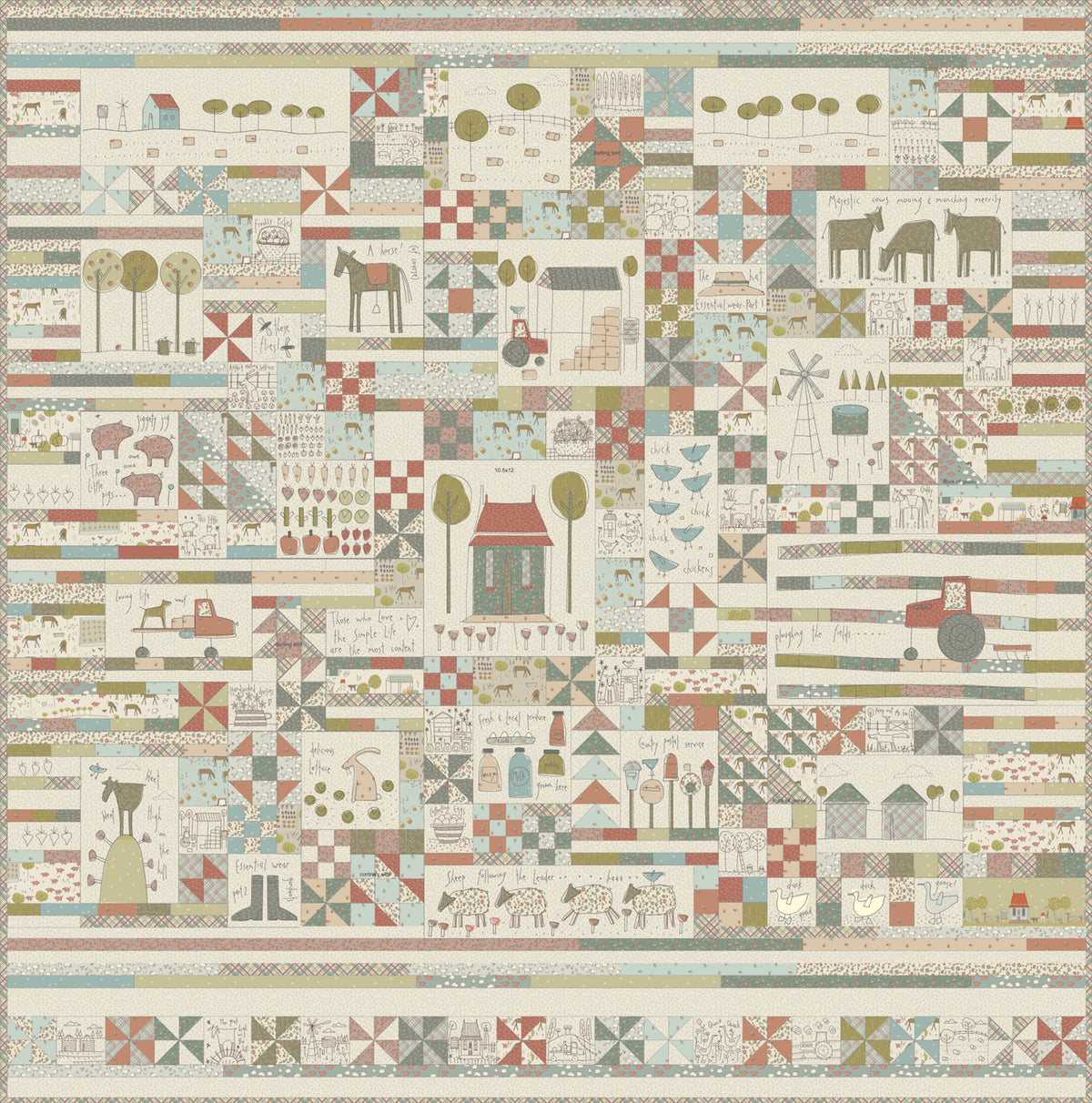 Patchwork farm-themed quilt panel with animals, houses, and red, teal, and cream blocks