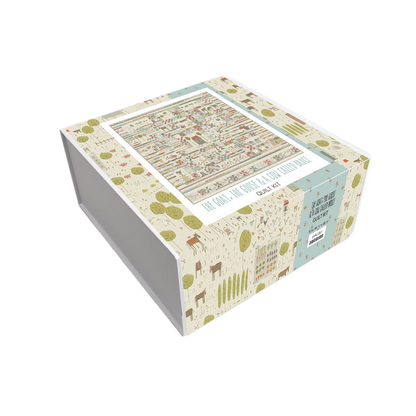 Boxed quilt kit package with multicolor farm print and clear window on lid