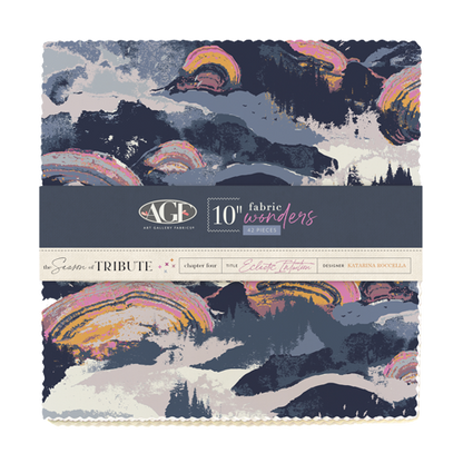 10-inch fabric squares pack, dark blue abstract landscape prints, multicolor rainbows