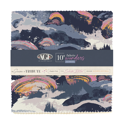 10-inch fabric squares pack, dark blue abstract landscape prints, multicolor rainbows