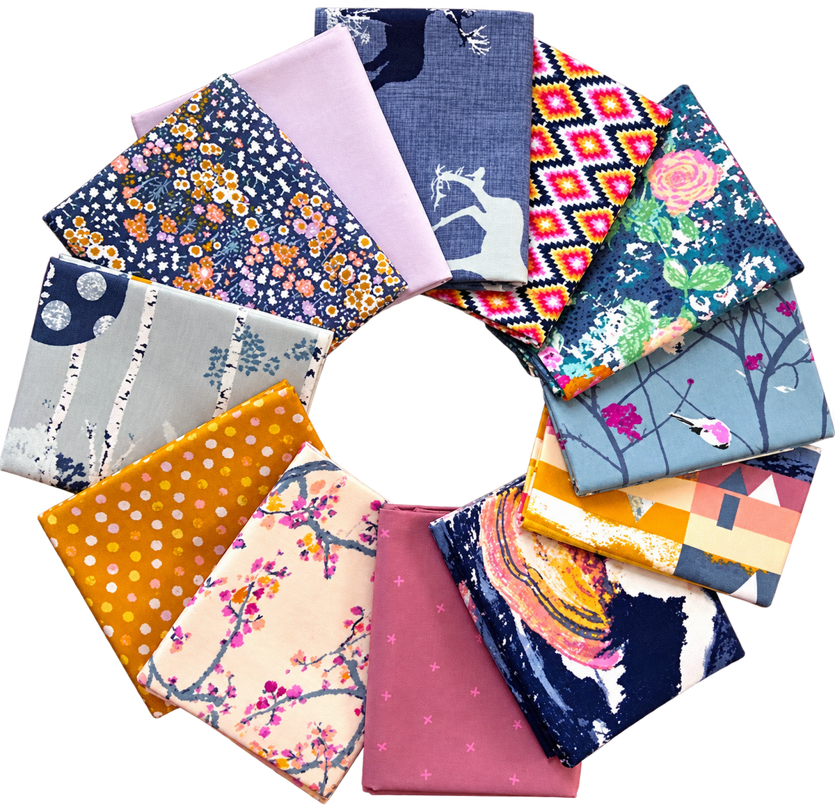 Assorted folded cotton fat quarters in navy, pink, and gold with varied floral and pattern prints