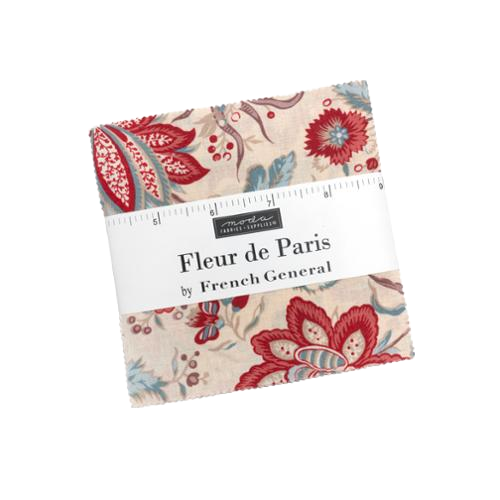 Fabric charm pack with multicolor floral prints and measurement strip on wrapper