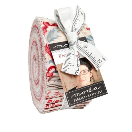Jelly roll fabric bundle with folded 2.5in French floral strips, red and cream patterns