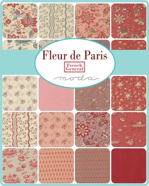 10-inch quilt fabric squares, beige and red with floral, stripe, and dot patterns