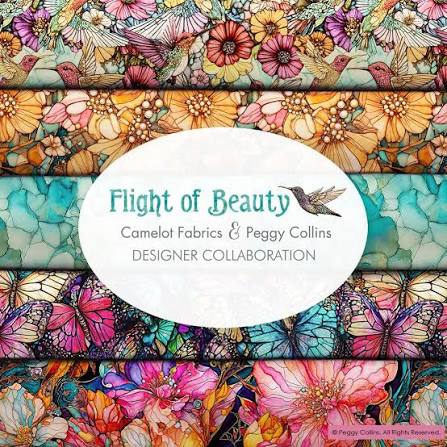 Assorted fabric charm pack squares with colorful flowers and butterflies on teal and cream