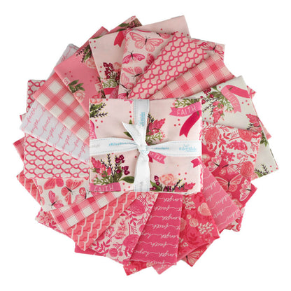Cotton fabric fat quarter bundle, pink floral and gingham prints tied with white ribbon