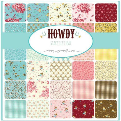Howdy fabric square assortment in teal, pink, red, yellow, and cream prints