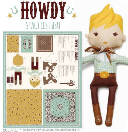 Howdy western fabric panel with dolls and motifs in cream, brown, and yellow