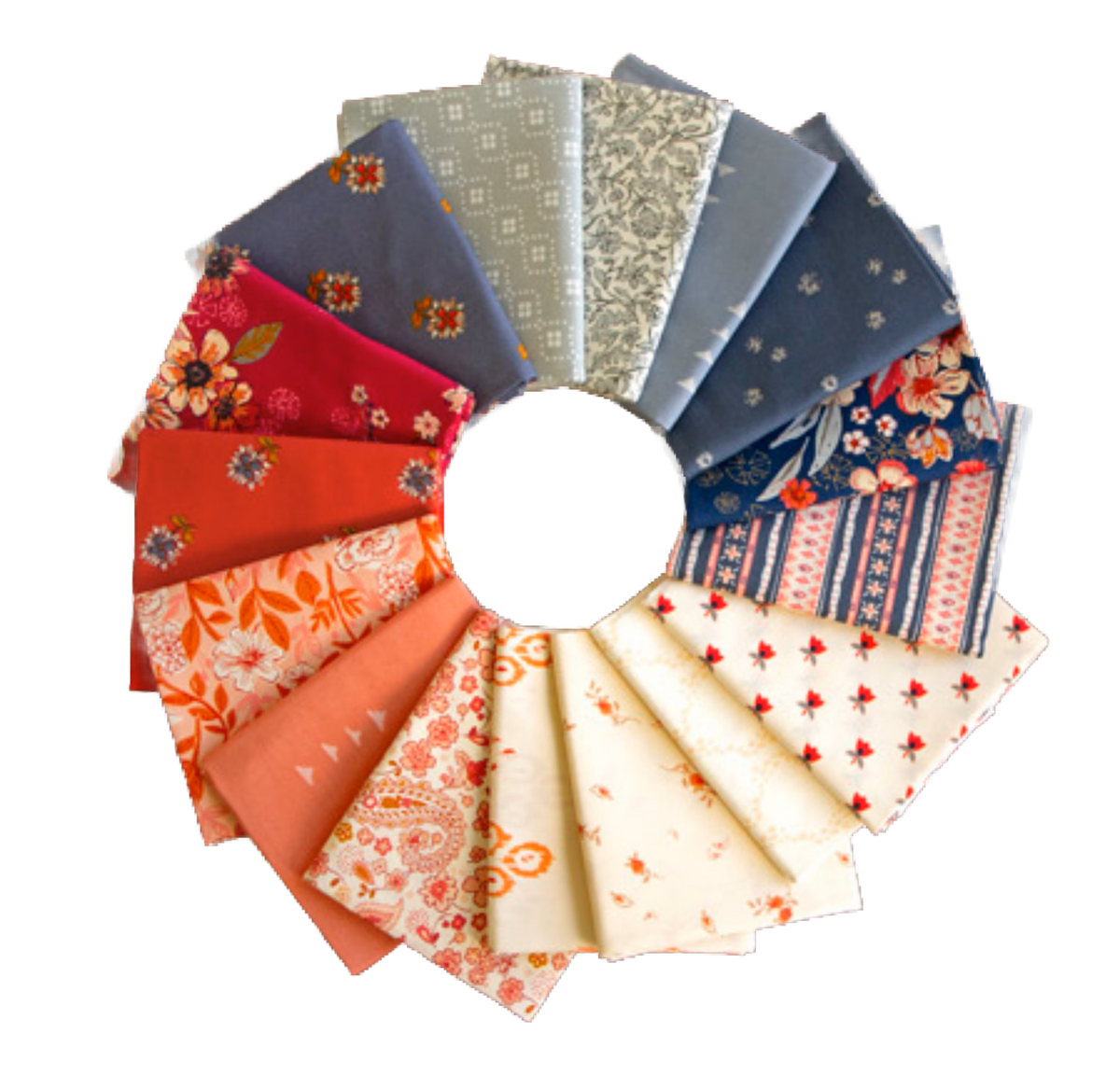 Fat quarter bundle fan: red, navy, cream and gray floral and stripe prints