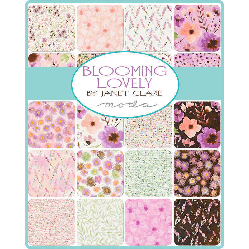 Set of Charm pack fabric squares featuring mixed floral prints in pastel pink and purple