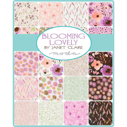 Set of Charm pack fabric squares featuring mixed floral prints in pastel pink and purple