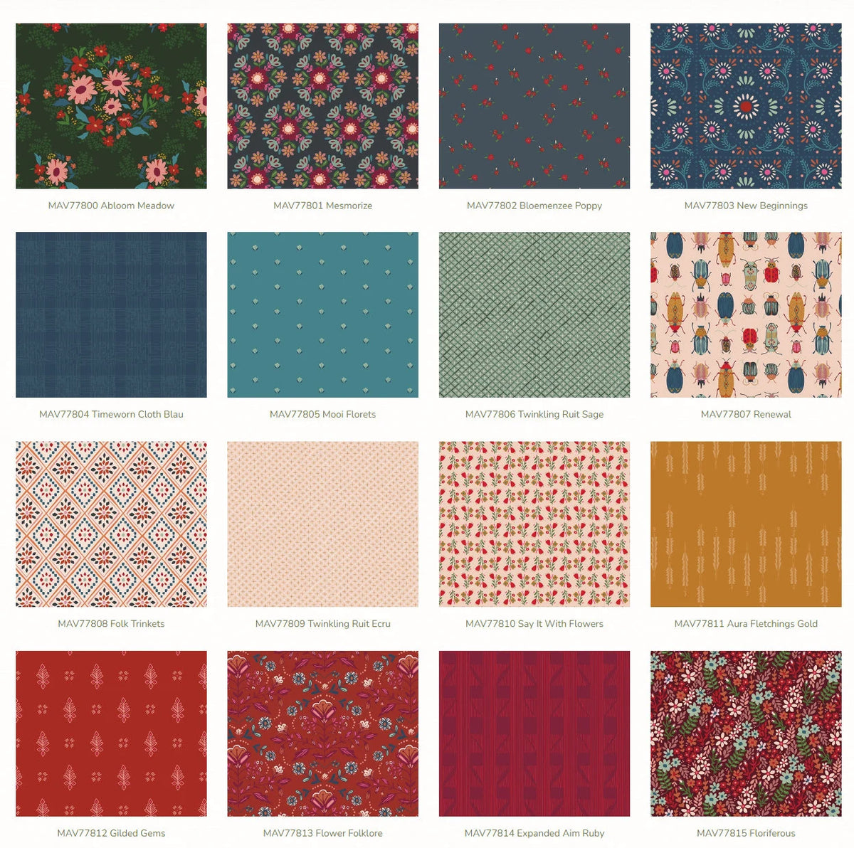 Square fabric swatch set showing multiple small-scale floral, geometric, and vine patterns
