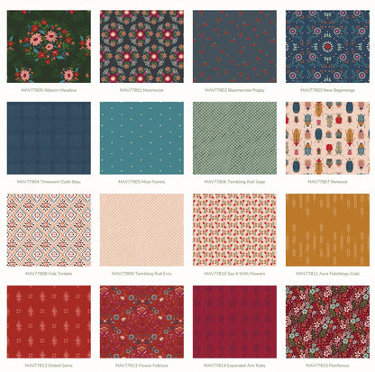 Square fabric swatch set showing multiple small-scale floral, geometric, and vine patterns
