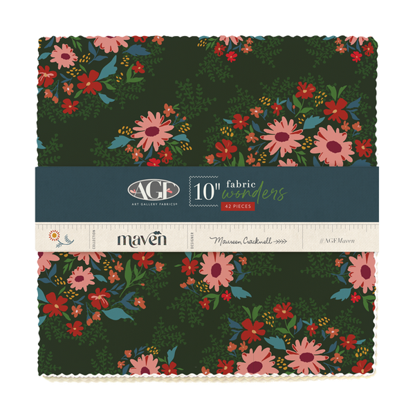 10-inch fabric squares bundle with dark green floral prints and coordinating designs