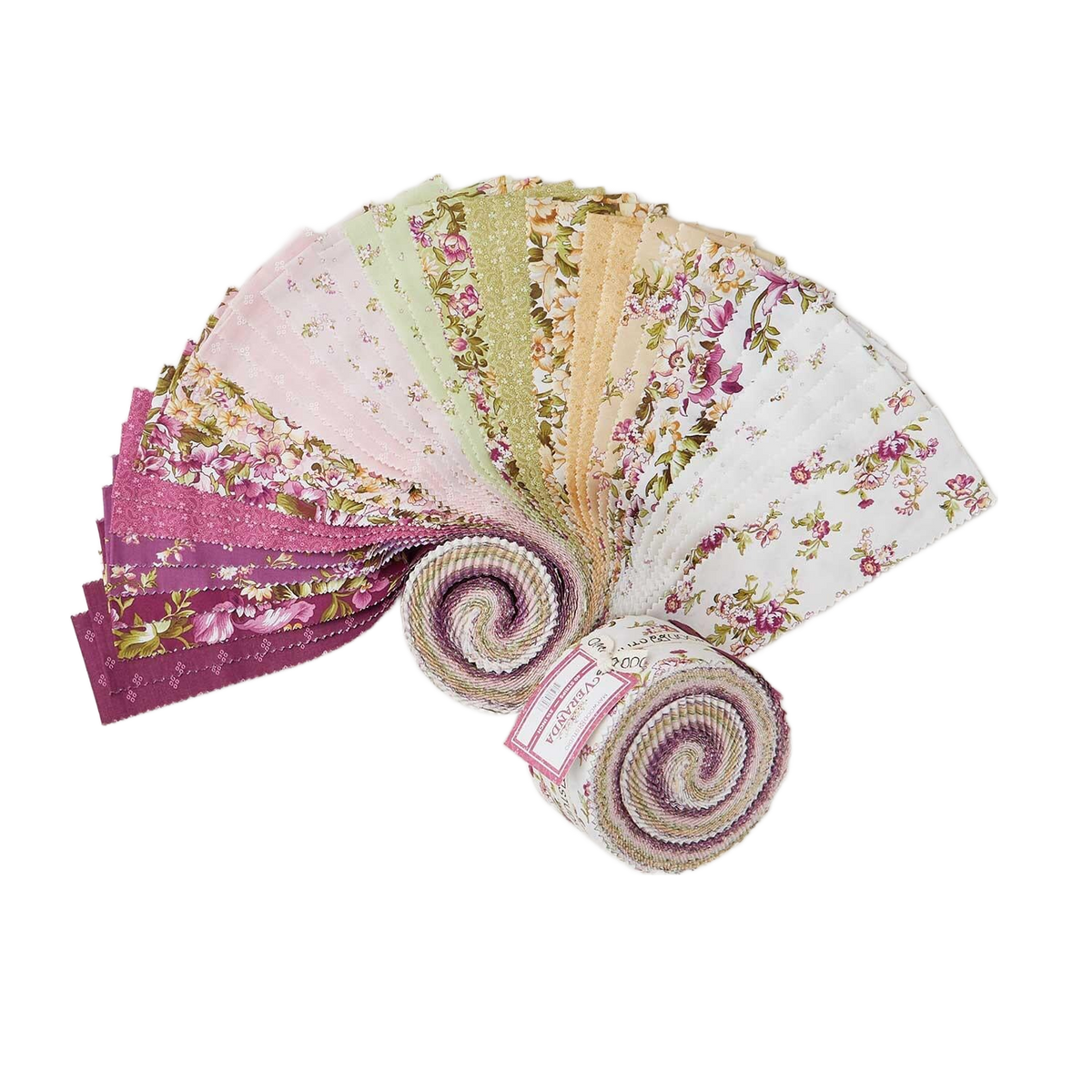 Maywood Studio Veranda fabric strip roll, floral pastel strips in purple, pink, cream