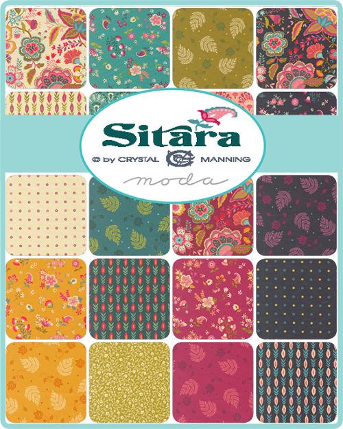 Fabric bundle of coordinating floral prints in teal, green, gold, pink, and navy squares
