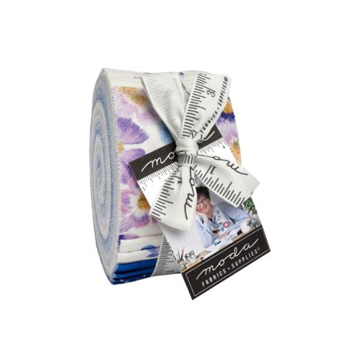 Jelly Roll of  fabric srtips in lavender, blue and white colours
