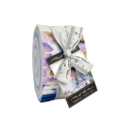 Jelly Roll of  fabric srtips in lavender, blue and white colours