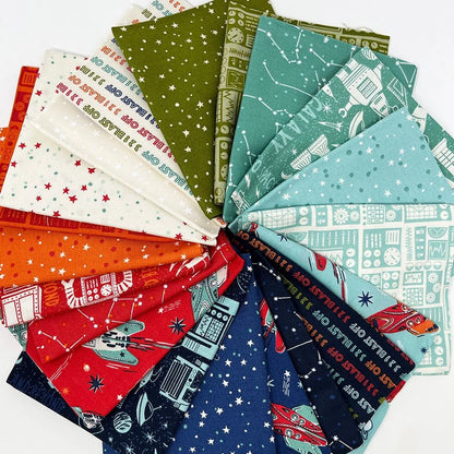 A fan arrangement of multiple fabric squares in assorted colors and patterns, including stars, stripes, retro buildings, rockets, and space-themed motifs on a white background.