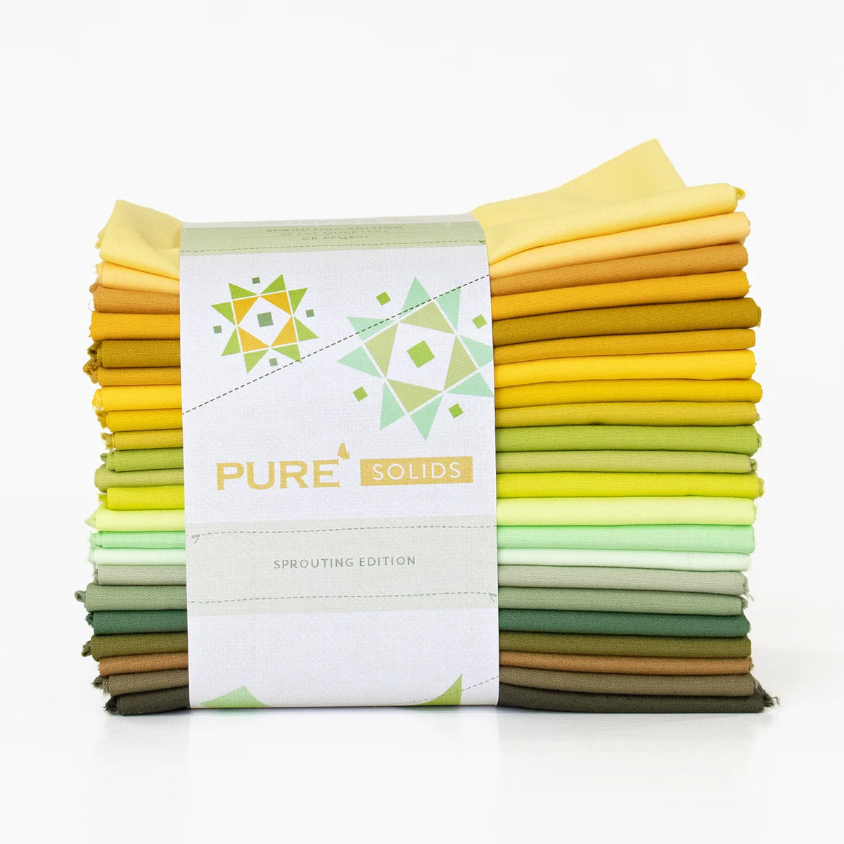 Fabric fat quarter bundle with label, stacked solids in yellow, green, and olive tones