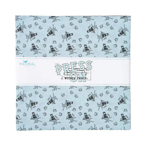 Patterned product with 'Press On' text and brand logos on a light blue background