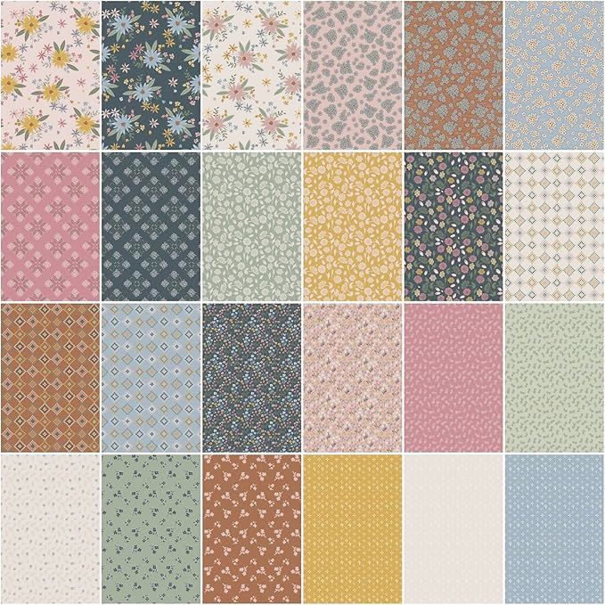 Grid of various floral and geometric patterned fabric swatches in pastel colors.