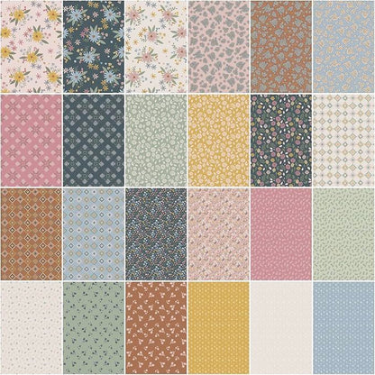 Grid of various floral and geometric patterned fabric swatches in pastel colors.